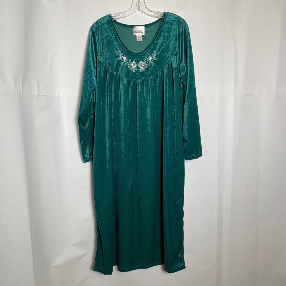 VTG 80s Cozee Corner Teal Green Velvet L/S Embroidered Maxi Nightgown L Granny